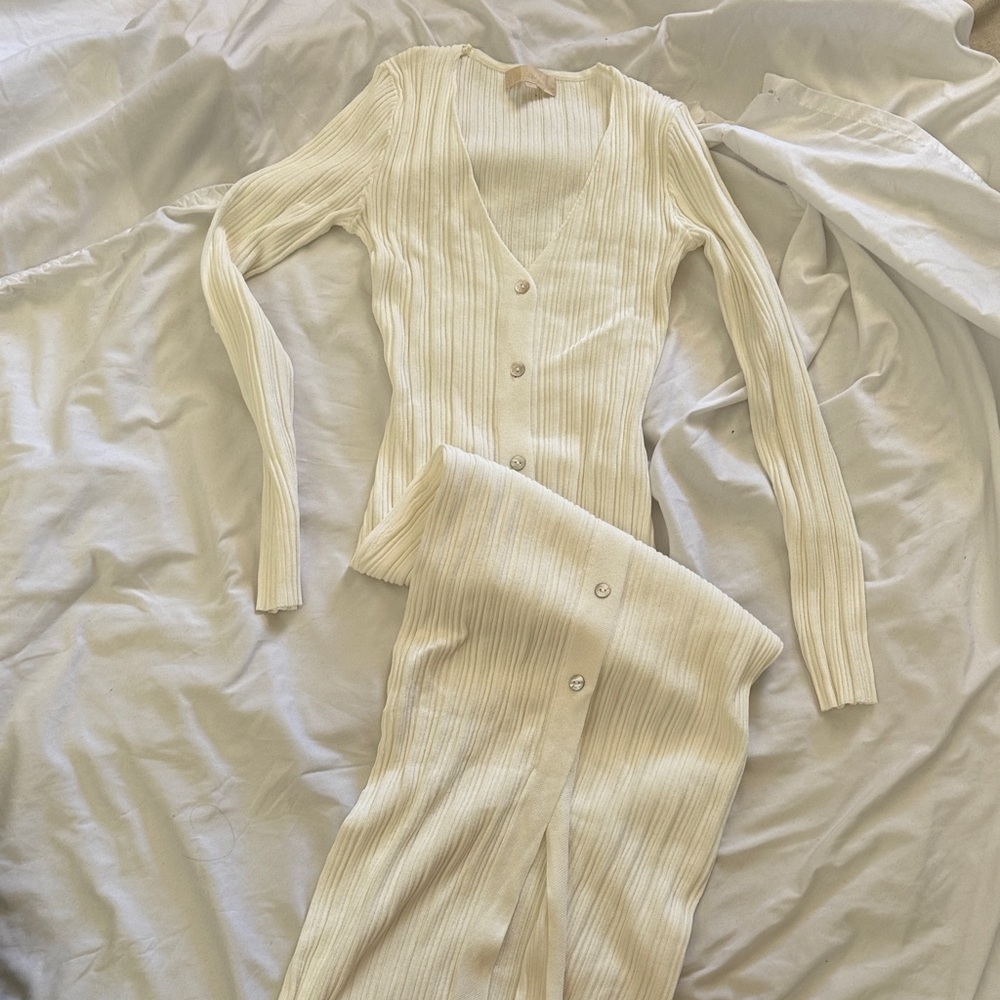 Meshki Cream Ribbed Knit Long Sleeve Dress - M